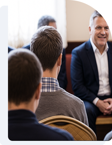 Business strategy workshop with team members collaborating around a conference table
